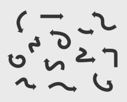 Collection arrows background black and white symbols. Different arrow icon set circle, up, curly, straight and twisted. Design elements. vector