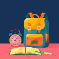 back to school gradient illustration composed of a backpack, an alarm clock, and a notebook vector