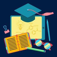 An illustration of back to school composed of a graduation hat, notepad, and notebook vector