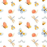 illustration of a seamless pattern with colorful insects in a childish style. Beetles, butterflies, caterpillars, snail in a pattern. Pattern for textiles, gift wrapping vector