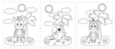 Set of three coloring books for children with jungle animals. Black outline of fairytale animals on white, sketch, simple shapes. illustration vector