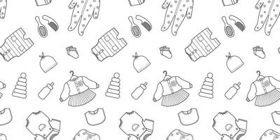Horizontal seamless pattern with doodle outline of baby clothes and newborn accessories. Minimalistic illustration of the background for the website vector