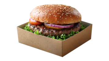 Fresh burger in a paper box on a transparent background png