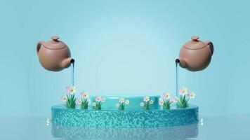 Podium empty with teapot, flower pot isolated on blue background. cosmetic display product stage, 3d illustration render video