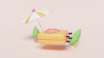 summer travel with open empty suitcase, umbrella, leaf isolated on pink background. 3d illustration render video
