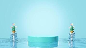 Podium empty with fountain, flower pot isolated on blue background. cosmetic display product stage, 3d illustration render video