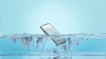 water dropping smartphone, mobile phone falls into water with bubble, water splash isolated on blue background. cell phone damaged, 3d illustration render video