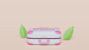 summer travel with open empty suitcase, leaf isolated on pink background. 3d illustration render video