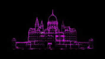 Neon frame effect Buda Castle in Budapest, Hungary, glow, black background. video