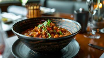 A bowl of Revithada Chickpea Soup elegantly sits on a worn wooden table, inviting the senses photo