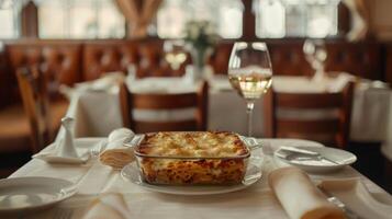 A table displays a delicious Pastitsio casserole and a glass of wine photo