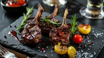 Black plate with lamb chops and tomatoes, showcasing Greek food photography photo