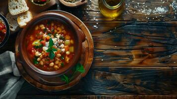 Rustic wooden bowl holding comforting Fasolada bean soup, served with crusty bread photo