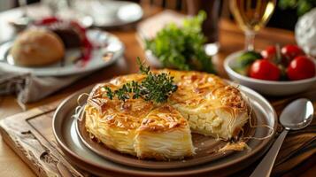 A table showcases a savory Greek Tiropita cheese pie with a golden crust and gooey cheese topping photo