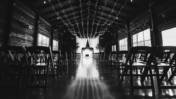Rows of chairs set in an empty wedding venue photo
