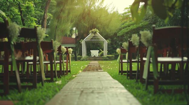Rows of wooden chairs resting on a lush green field in an empty wedding venue photo