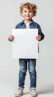 Smiling little boy holding a blank white board in his hands photo