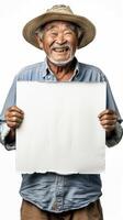 A wise elderly man with a hat holding a blank sign photo