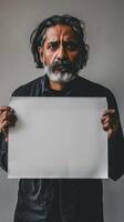 A mature Indian man holding up a blank white sign over his face photo