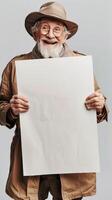 An elderly man with a long beard joyfully holds a blank sign photo