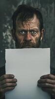 A man hides his face behind a white board, concealing his emotions photo