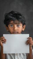 A young Indian boy holds a blank white board in front of his face, concealing his expression photo