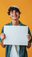 Young man smiling, holding up a blank white sign photo