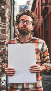 A man in distress holding a blank white board, lost in thought photo