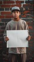 A boy holds a sign in front of a brick wall photo