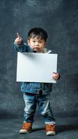 A young boy with Chinese pointing gesture holds a blank sign with a finger up photo