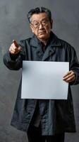 A senior Chinese man with wisdom in his gaze holding a blank white paper and pointing at it photo