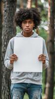 A young man with a black afro holds a blank sign in the woods photo