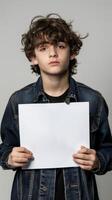 Young man concealing his face behind a blank white paper photo