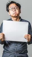 A mature Chinese man with glasses, holding a paper in front of his face photo