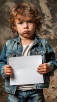 A sad little boy holding a blank white board photo