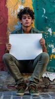 A young man sitting on the ground, holding a sign without any words on it photo