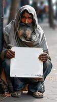 An elderly Indian man peacefully sits beside a tree, holding a blank white board photo