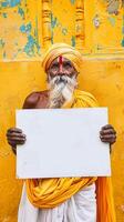 An Indian man in a turban holding a blank white board photo