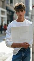 A youth stands beside a post, clutching a blank board photo