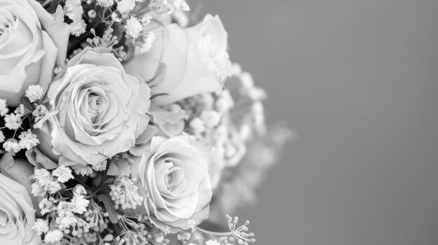 A close-up of a brides bouquet in monochrome photo