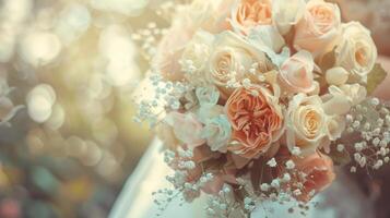 A bridal bouquet of vibrant flowers rests elegantly on a wooden table photo
