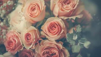 A cluster of pink roses adorns a table photo