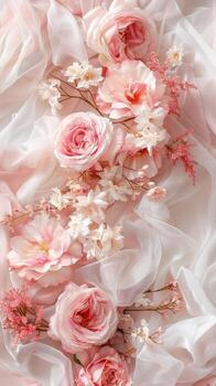 rosado flores en lleno floración descanso delicadamente en un prístino blanco paño foto