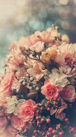 A bridal bouquet of delicate pink flowers graces a table photo