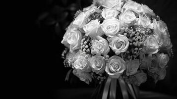 A bridal bouquet of white roses captured in timeless black and white photo