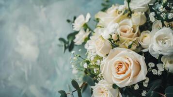 A bouquet of white flowers displayed against a serene blue background photo