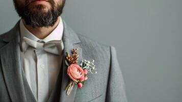 A bearded man in a gray suit wearing a flower boutonniere photo