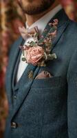 Dapper man in blue suit with pink boutonniere photo