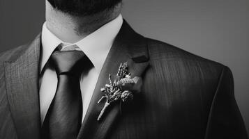 A dapper man in a suit and tie showcasing a stylish boutonniere photo