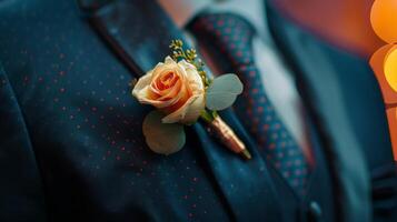 The groom, in a suit and boutonniere, sits gracefully with his hands on his lap photo
